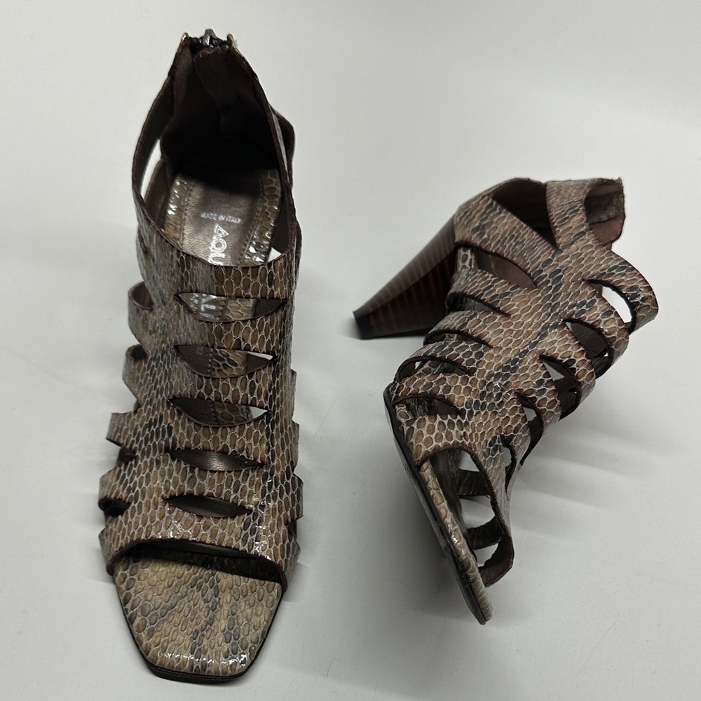 Aquatalia High Heel Shoes Open Square Strappy Leather Toe Snakeskin Brown Size 8